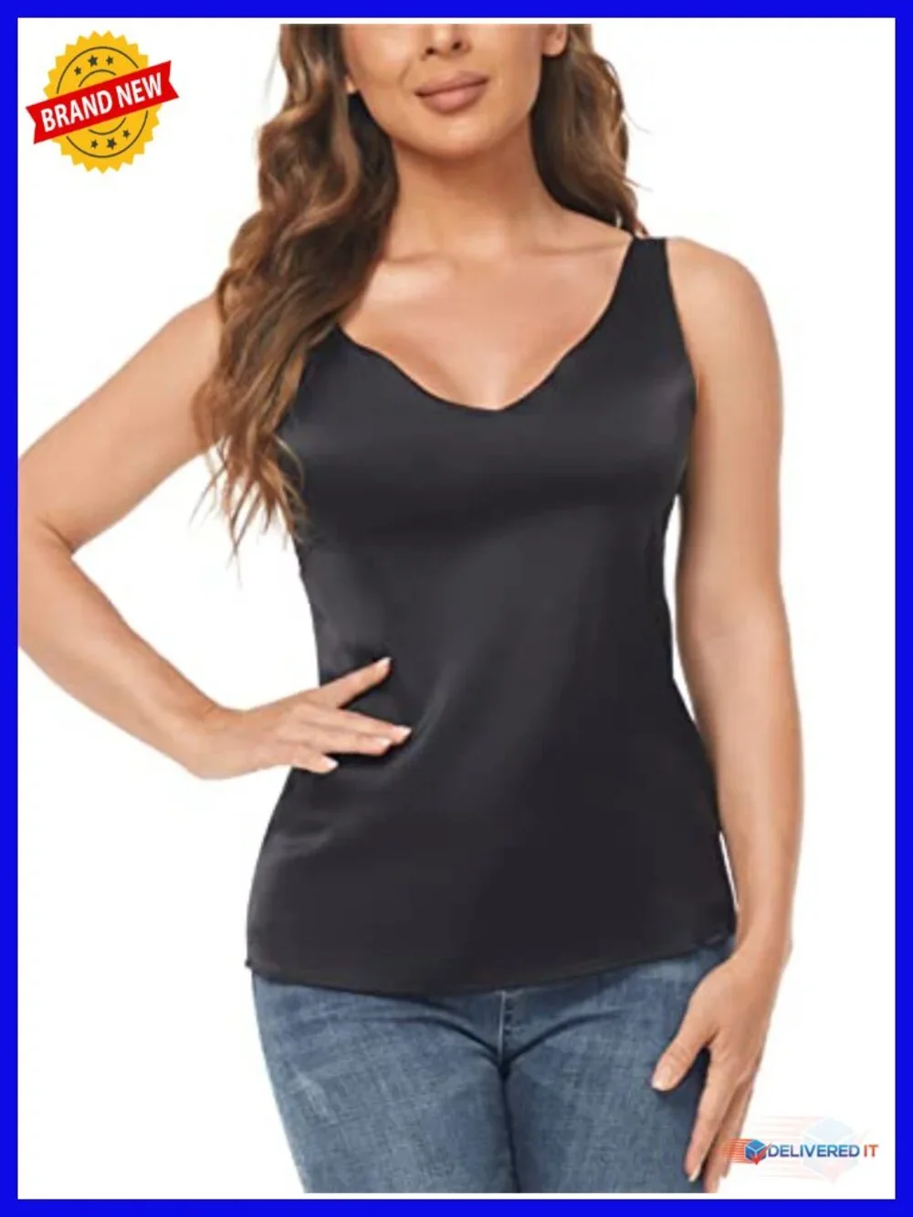 Silk Satin V Neck Camisole Spaghetti Strap Tank Top - Picture 1 of 6